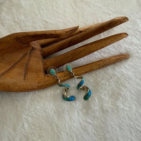 Vintage Sterling Silver Turquoise Blue Opal Spiral Drop Earrings Native American - Picture 6 of 11